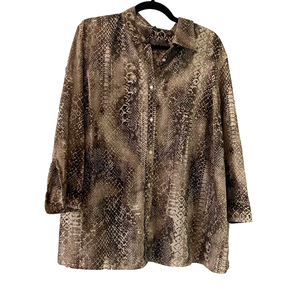 Lauren Ralph Lauren Full Button Shirt Women 2XL Tan Snakeskin Animal 100% Cotton